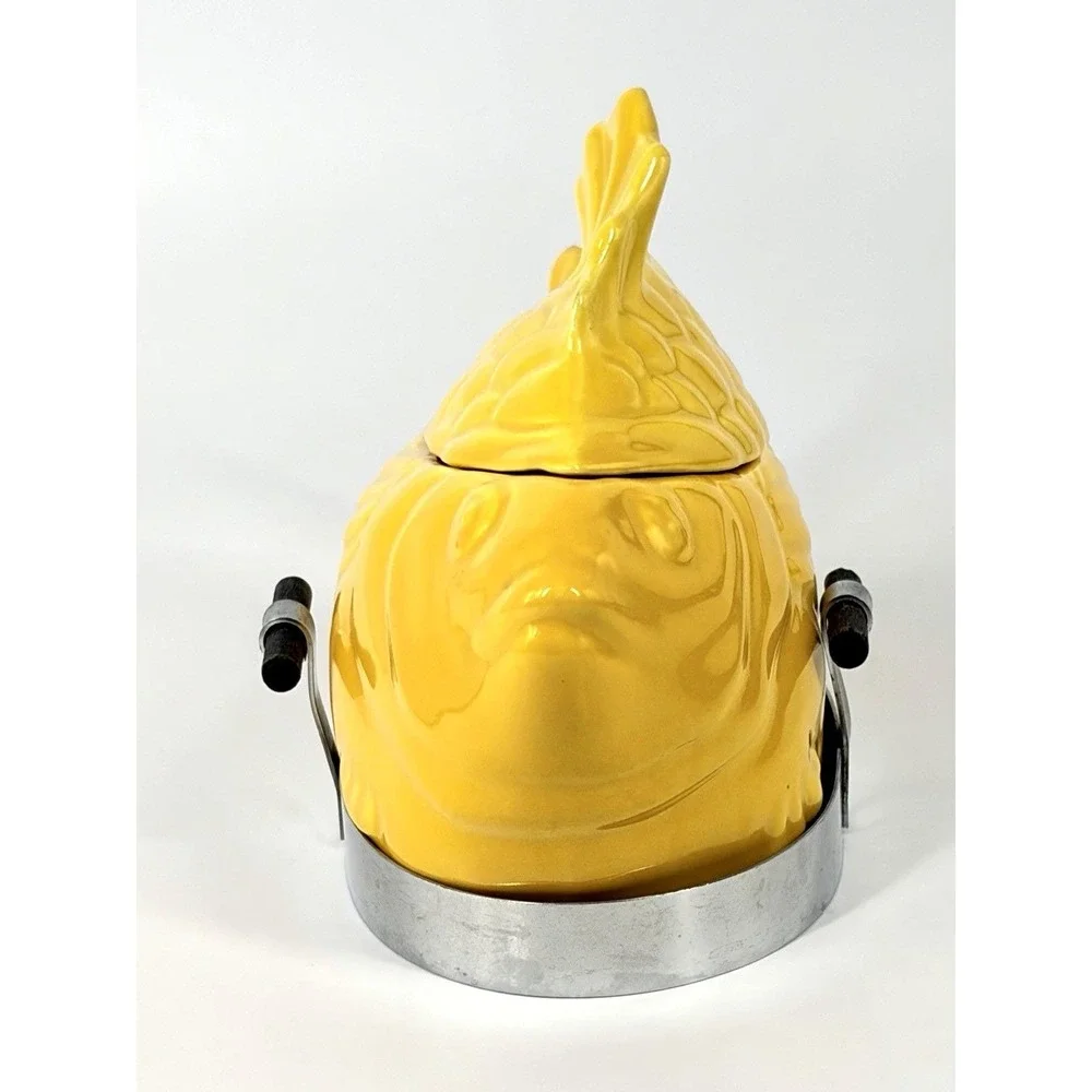 Vintage Pottery Chicken of the Sea Tuna Baker Yellow Fish - Original Stand Incl